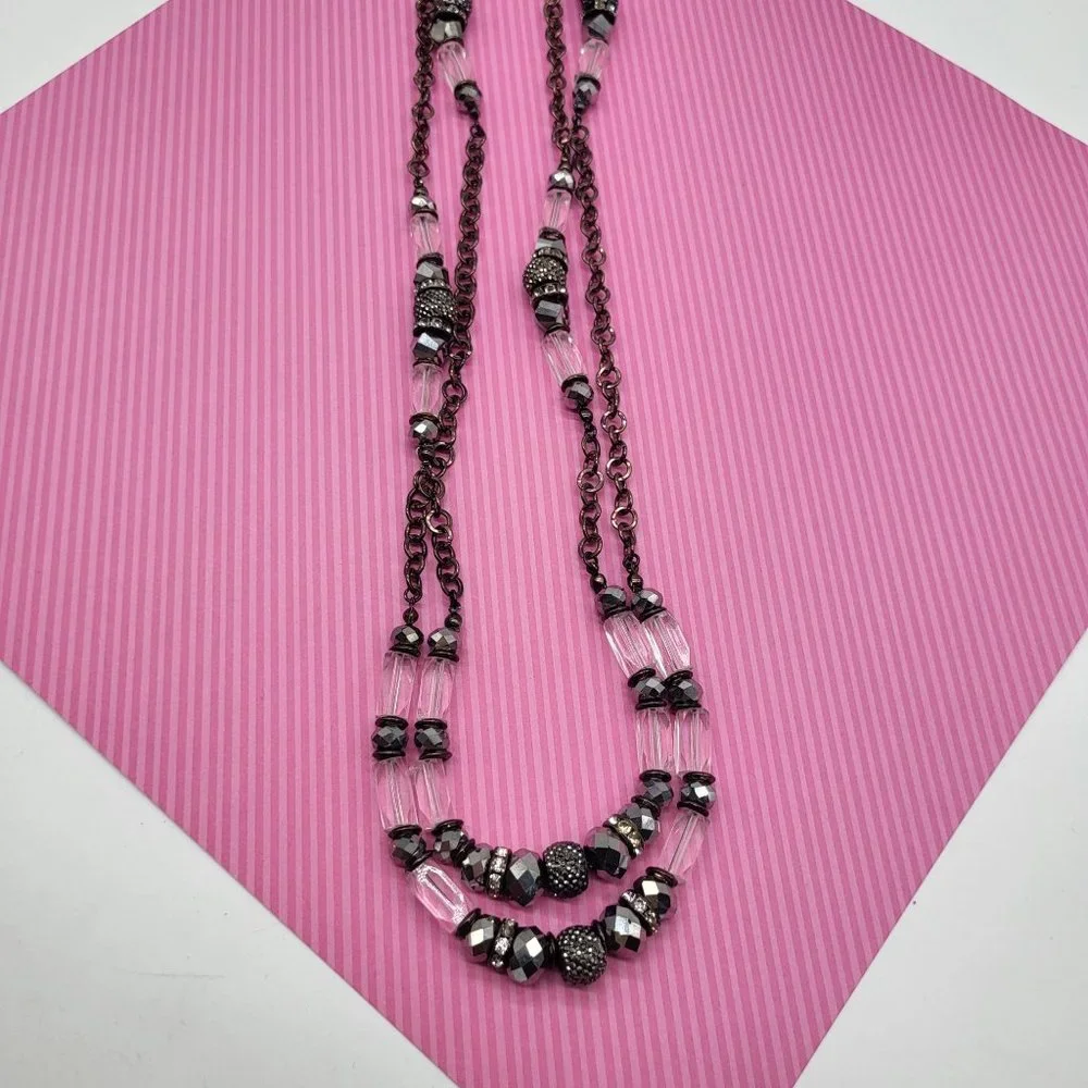 INC Intl Concepts Metal Necklace Gunmetal Silver Clear Rhinestone Faceted Beads